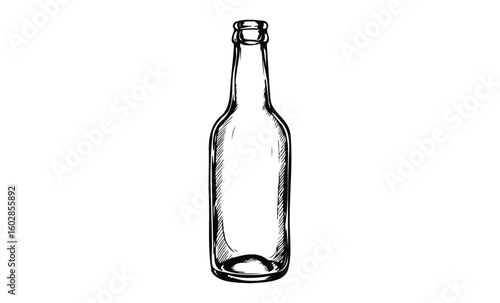 Hand-drawn empty glass bottle with cork stopper in black and white sketch style. Vector retro hand drawn illustration.