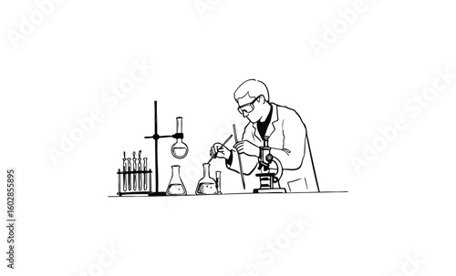 Scientific illustration: male scientist conducting experiment in laboratory setting. Vector retro hand drawn illustration.