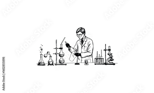 Asian female scientist conducting experiment with lab equipment. Vector retro hand drawn illustration.
