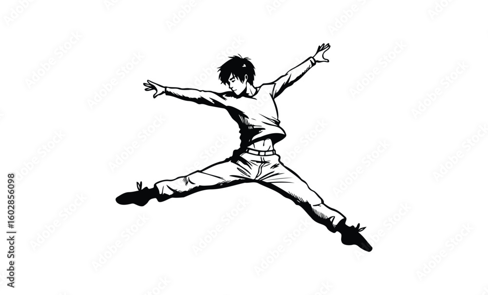 Fototapeta premium Dynamic black and white illustration of a young male in mid-air leap with outstretched arms. Vector retro hand drawn illustration.