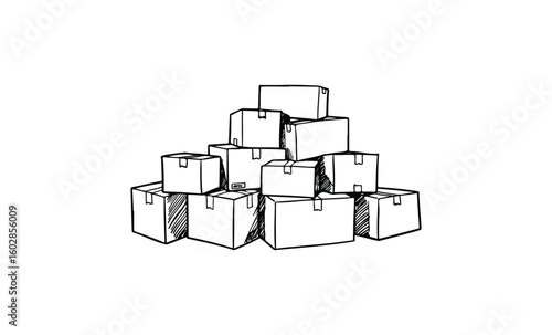 Pile of hand-drawn cardboard boxes on white background. Vector retro hand drawn illustration.