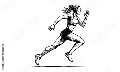 Athletic asian female runner in action - dynamic sports illustration of young woman. Vector retro hand drawn illustration.