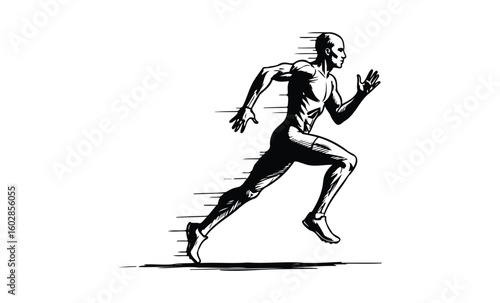 Dynamic black and white sketch of speeding male runner silhouette. Vector retro hand drawn illustration.