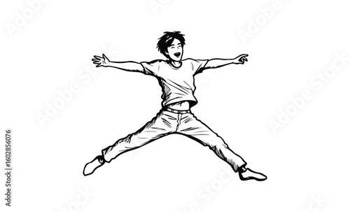 Asian young male jumping with joy in casual attire line art. Vector retro hand drawn illustration.