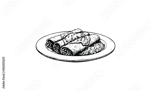 Hand-drawn cannoli on plate: italian pastry art in black and white. Vector retro hand drawn illustration.