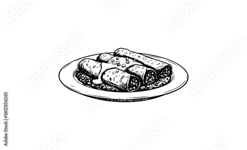 Hand-drawn sketch of classic restaurant-style enchiladas on a plate. Vector retro hand drawn illustration.