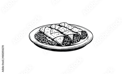 Hand-drawn mexican enchiladas with mexican rice on plate. Vector retro hand drawn illustration.