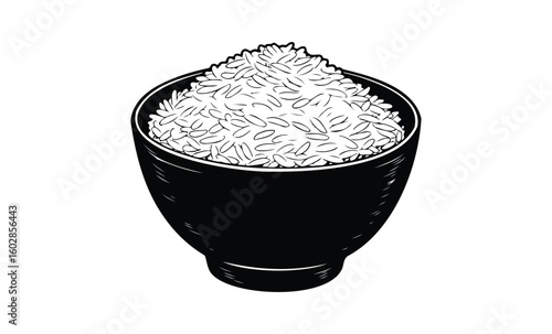 Black and white illustration of a bowl filled with rice grains. Vector retro hand drawn illustration.
