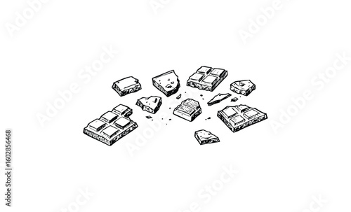 Hand-drawn chocolate pieces with crumbs on white background. Vector retro hand drawn illustration.
