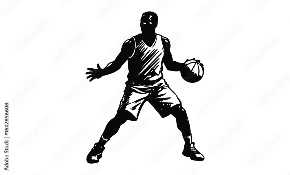 Naklejka premium Silhouette of male basketball player dribbling ball in athletic pose. Vector retro hand drawn illustration.