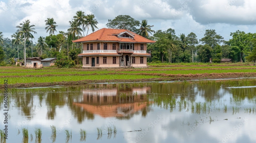 Obraz premium Rustic house reflects in rice paddy