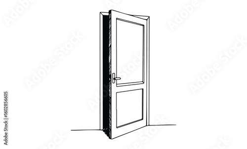 Simple illustration of an open door in black and white sketch style. Vector retro hand drawn illustration.