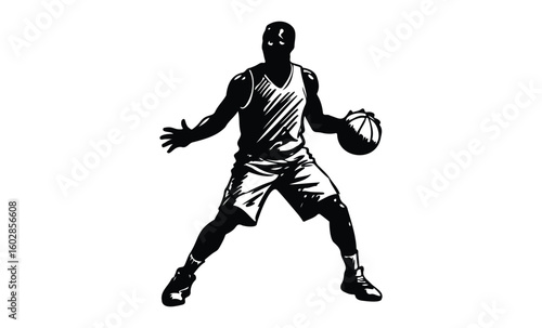 Silhouette of male basketball player dribbling ball in athletic pose. Vector retro hand drawn illustration.