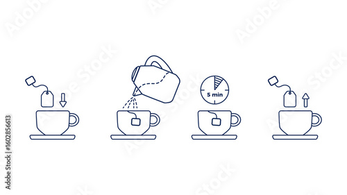 Tea brewing process step by step, vector illustration. Simple flat design for tea, coffee and other beverage packages. Tea making icons, isolated on white bg