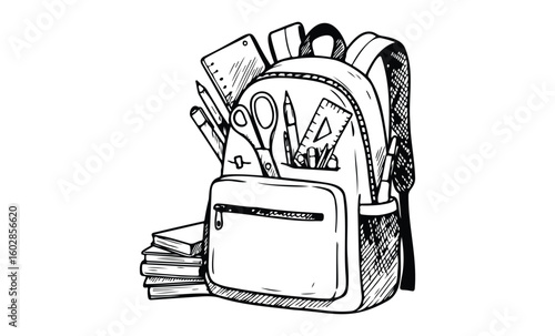 Illustrated school backpack filled with books and stationary essentials. Vector retro hand drawn illustration.