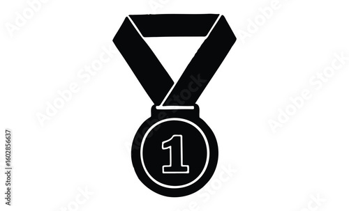 Silhouette of gold medal with number one and ribbon. Vector retro hand drawn illustration.