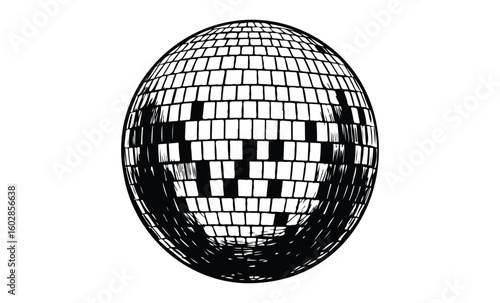 Reflective black and white disco ball with geometric tile pattern. Vector retro hand drawn illustration.