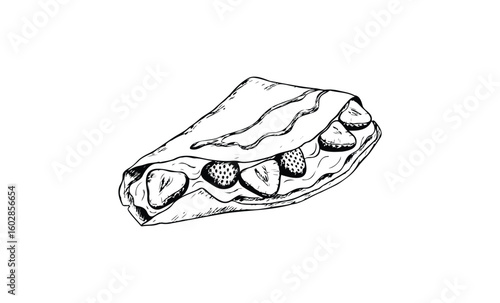 Black and white sketch of strawberry filled crepe with drizzled topping. Vector retro hand drawn illustration.