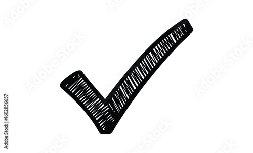 Simple black and white hand-drawn check mark on white background. Vector retro hand drawn illustration.