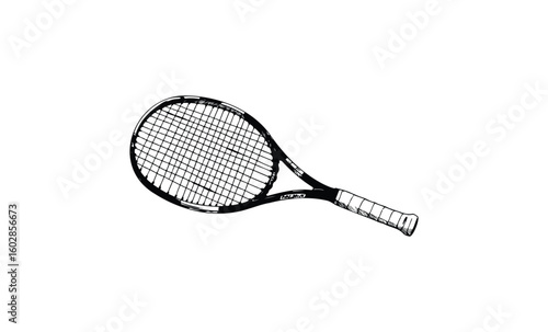 Black and white tennis racket illustration on white background. Vector retro hand drawn illustration.