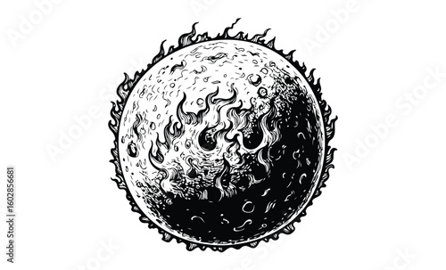 Intricate black and white illustration of a fiery planet with detailed surface patterns. Vector retro hand drawn illustration.