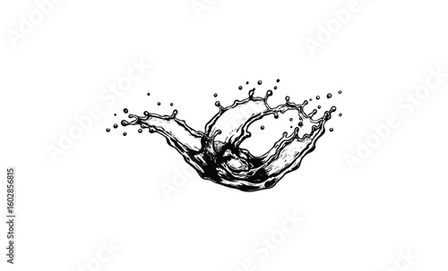 Dynamic black ink splash with droplets on white background. Vector retro hand drawn illustration.