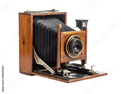 Vintage wooden bellows camera isolated on a white background, front view.