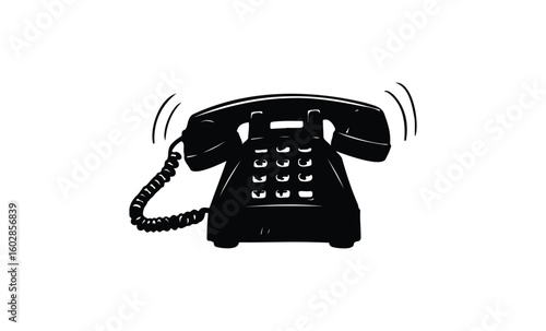 Vintage black rotary phone illustration with ringing motion lines. Vector retro hand drawn illustration.