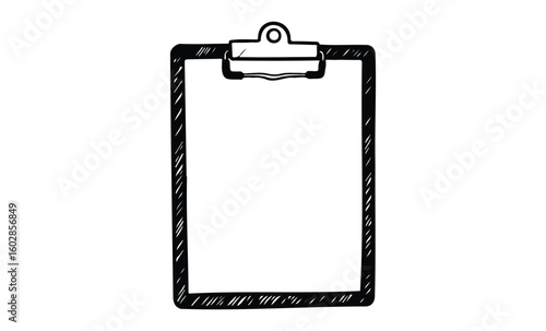 Hand-drawn blank clipboard illustration with clip and border on white background. Vector retro hand drawn illustration.