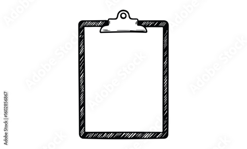 Blank clipboard drawing with bold outline on white background. Vector retro hand drawn illustration.
