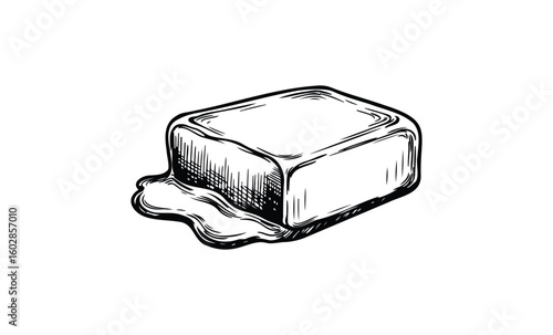 Vintage black and white sketch of melting butter on white background. Vector retro hand drawn illustration.
