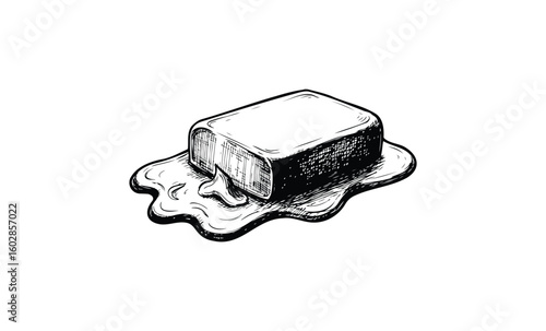 Melting butter block illustration: monochrome sketch of softened dairy. Vector retro hand drawn illustration.