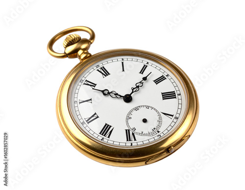 Vintage gold pocket watch with intricate details, closed, isolated on white.