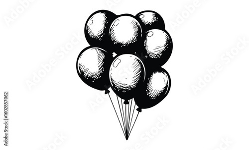 Vintage black and white balloon bouquet ink drawing. Vector retro hand drawn illustration.