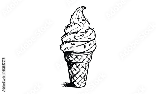 Detailed black and white drawing of a soft serve ice cream cone with sprinkles. Vector retro hand drawn illustration.