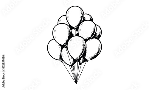 Vintage-inspired sketch of a cluster of helium balloons in black and white. Vector retro hand drawn illustration.