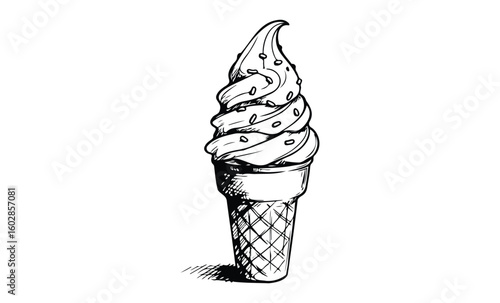 Hand-drawn soft serve ice cream cone with sprinkles in black and white. Vector retro hand drawn illustration.