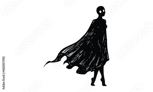 Minimalist silhouette of a mysterious figure with flowing cape. Vector retro hand drawn illustration.