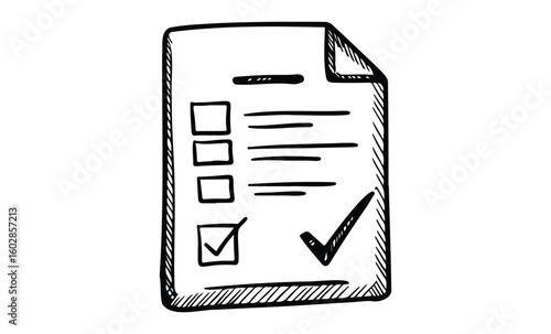 Hand-drawn checklist icon with checkmark symbol on paper. Vector retro hand drawn illustration.