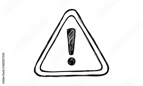 Hand-drawn exclamation mark warning sign in triangle outline sketch. Vector retro hand drawn illustration.