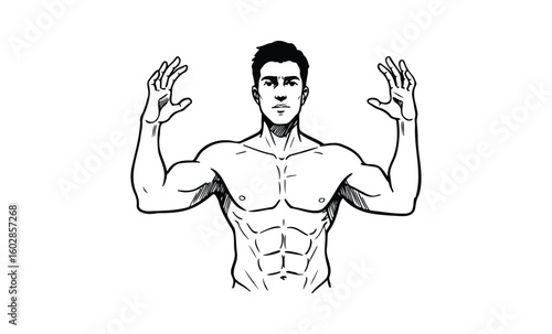Illustration of young asian male with muscular upper body and outstretched hands. Vector retro hand drawn illustration.