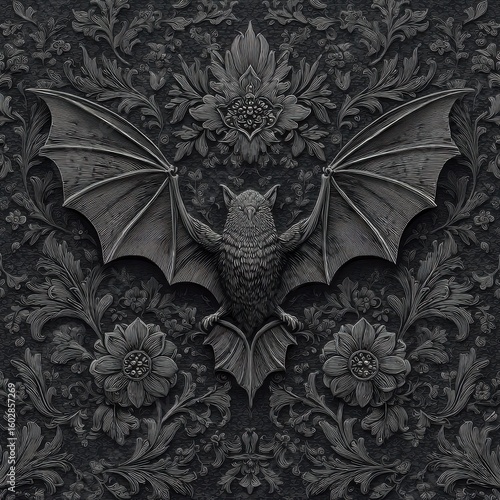 Ornate Bat Design with Floral Patterns on Dark Background