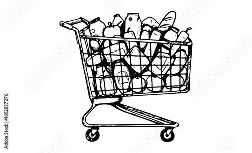 Hand-drawn shopping cart filled with groceries and household items. Vector retro hand drawn illustration.