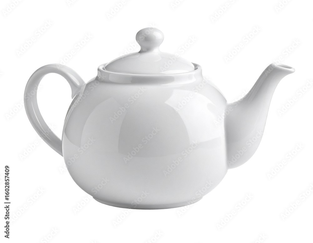 Obraz premium Classic white porcelain vintage teapot with elegant design, angled, isolated on white.
