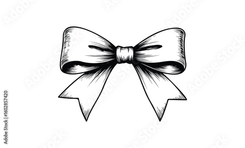 Elegant black and white bow with ribbon on white background. Vector retro hand drawn illustration.
