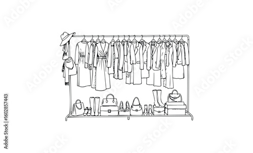 Minimalist wardrobe illustration with dresses, coats, accessories, and footwear on rack. Vector retro hand drawn illustration.