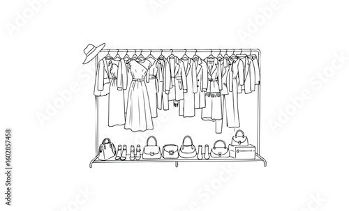 Monochrome clothing rack with dresses, suits, bags, and shoes. Vector retro hand drawn illustration.