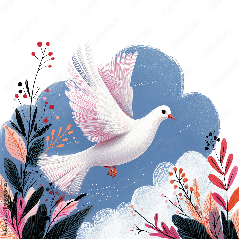 Fototapeta premium White dove flying among colorful flowers and blue clouds 