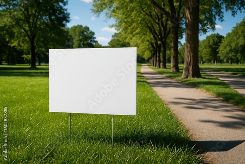 Clean white yard sign mockup positioned on verdant grass lawn beside park pathway perfect for advertising message placement