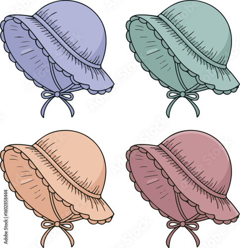 Vintage Bonnet Vector Illustration Set for Historical Costume and Baby Shower Design